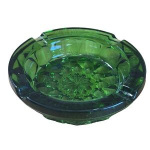 Vintage Green Pressed Glass Ashtray 6" Heavy MCM Unmarked Fairfield Style